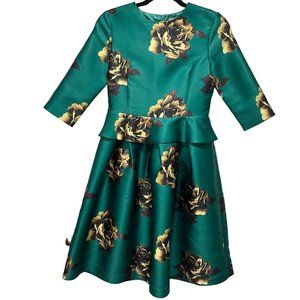 Ted Baker London Teen Girl's Size 14 Emerald Green Modest Dress With Gold Floral